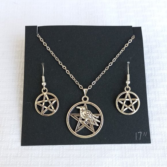 Pentagram Crow 17" Necklace & Earrings Jewelry set - Picture 2 of 3